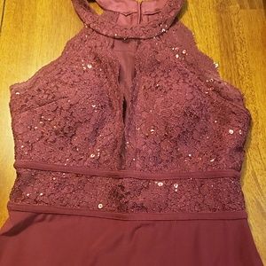 Morgan and Co sparkle sequin lace red maroon dress